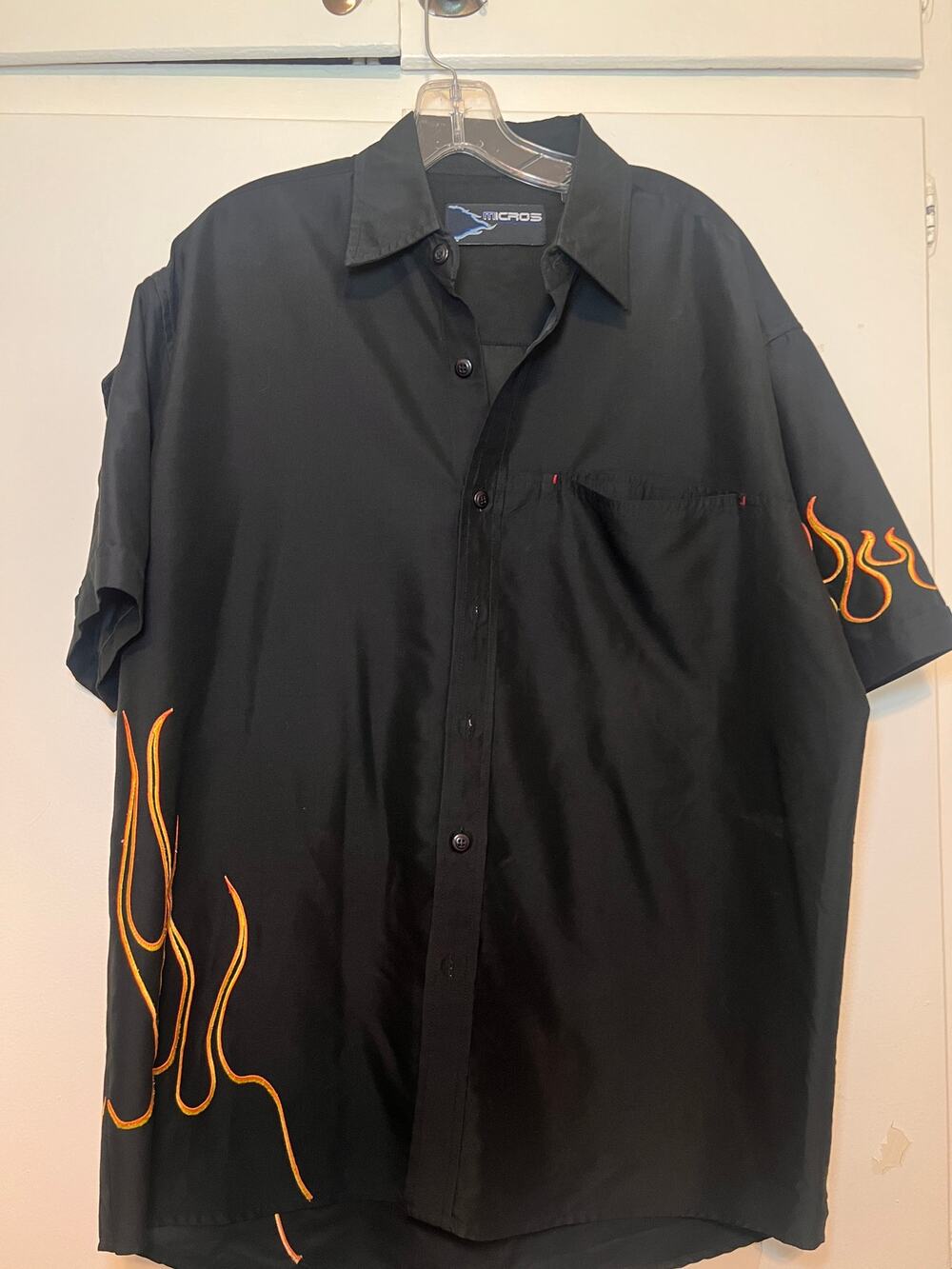 Micros Black Short Sleeve Button Down Flame Shirt Large Guy Fieri